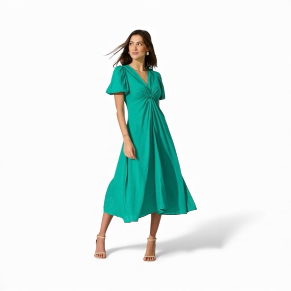 Stellino Dresses & Skirts - Stellino Midi Dress Pouff Sleeve In Green Linen Size AU 8 US 4 S